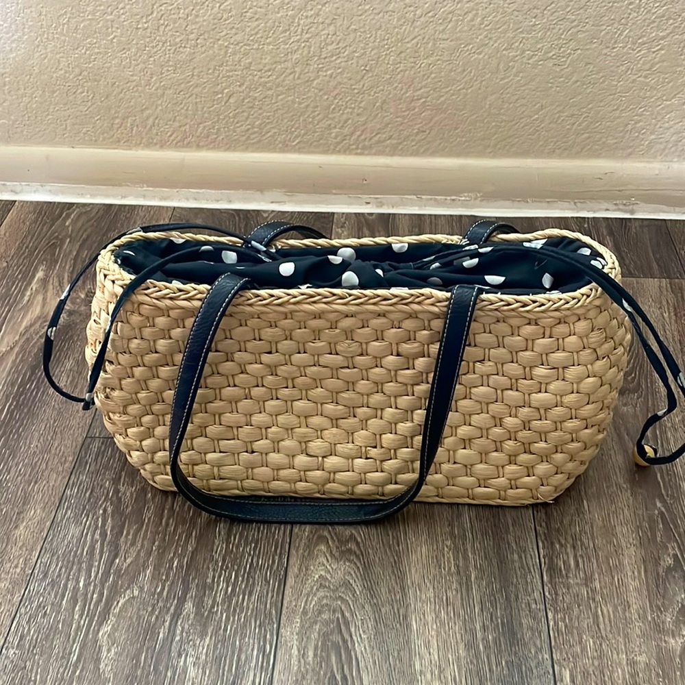 Wicker Handbag with Expanded Black-White Polka-Dot Interior